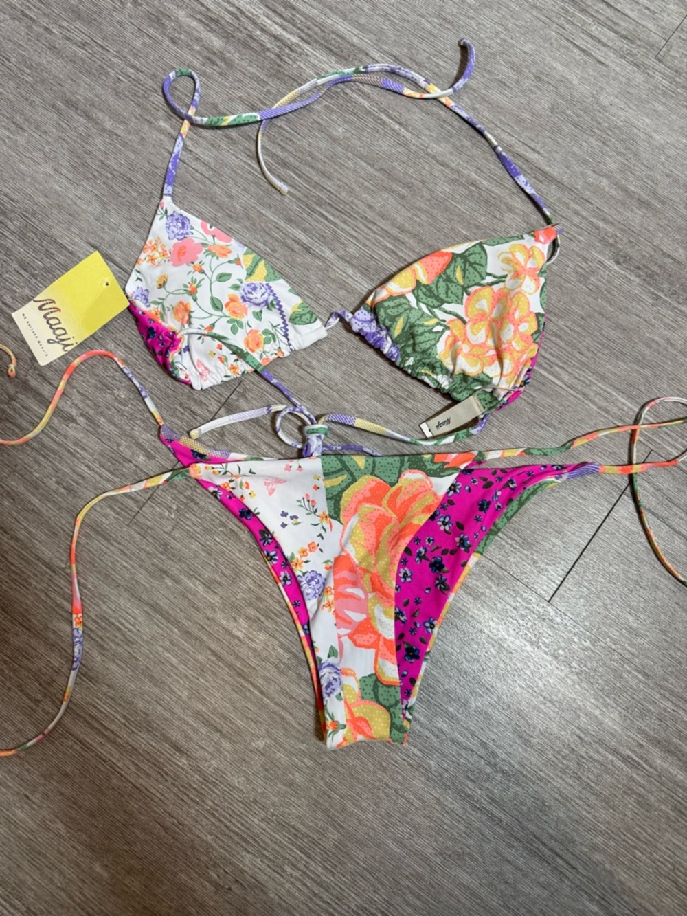 Maaji Reversible Bikini Set Floral Patchwork String Tie Colorful Boho Tropical L